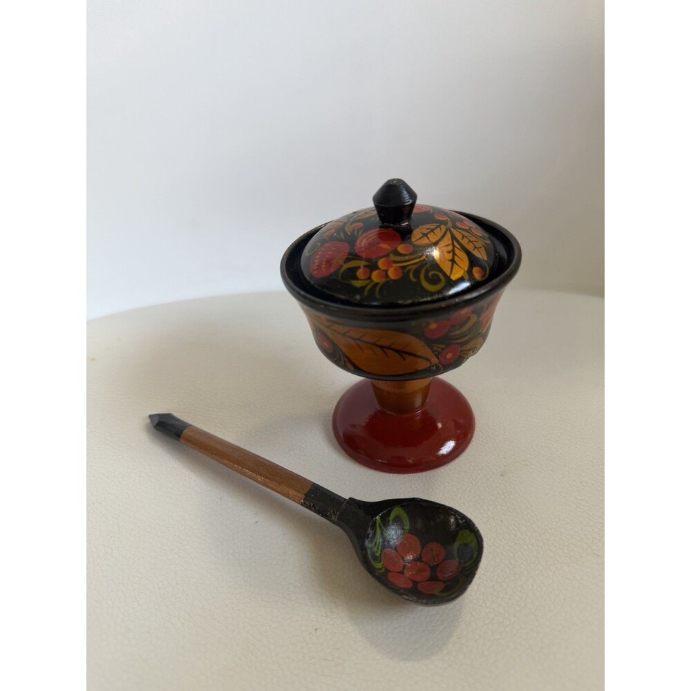 Vintage Russian USSR Khokhloma Bowl W/ Lid Lacquered Wood Hand Painted Floral